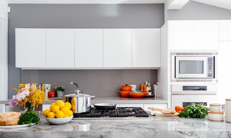 Modern bright kitchen with marble counter